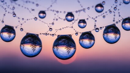 Detailed macro water droplets on a delicate spiderweb, reflecting inverted tree silhouettes against a vibrant blue, purple, pink, and orange sunrise sky.