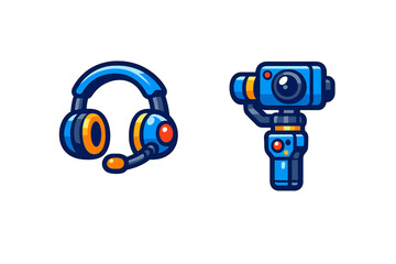Blue gaming headset with microphone and action camera on a handheld stabilizer gimbal © PAPA STOCK