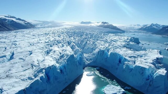 Aerial view showcasing a vast, icy glacier with vibrant blue water and stunning mountain ranges under the bright sun