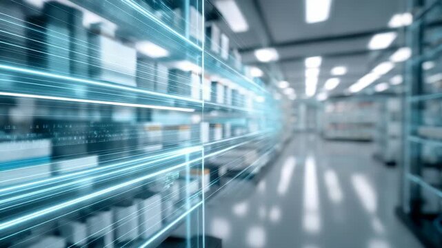 Futuristic digital interface overlays a modern pharmacy aisle, illustrating the integration of advanced technology in healthcare. Innovation and efficiency define the smart pharmacy concept
