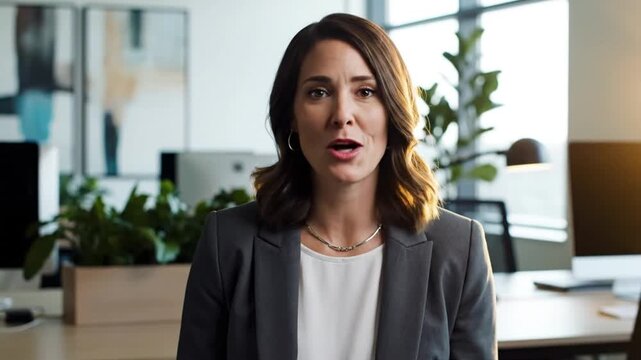 Happy woman in professional office talks about boosting productivity and morale with a great solution