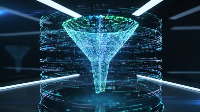 Futuristic visualization of digital funnel processing information and filtering data for processing