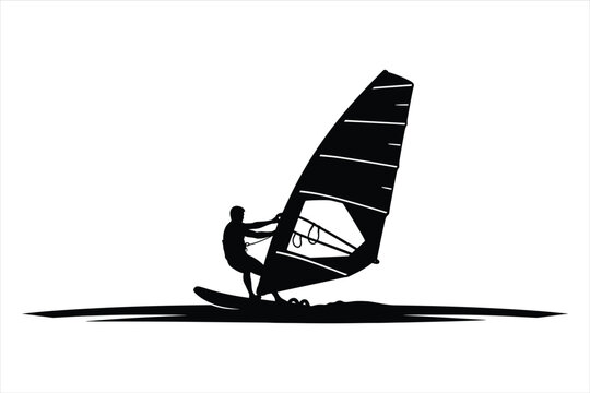 Windsurfer silhouette on lake with mountains background isolated on transparent background