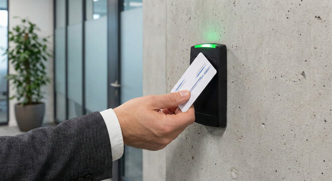 Hand Using White ID Access Card on Electronic Wall Reader with Green Light Indicator
