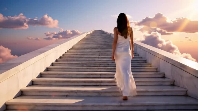 Woman in white dress ascends a grand staircase towards the sky and a beautiful sunset