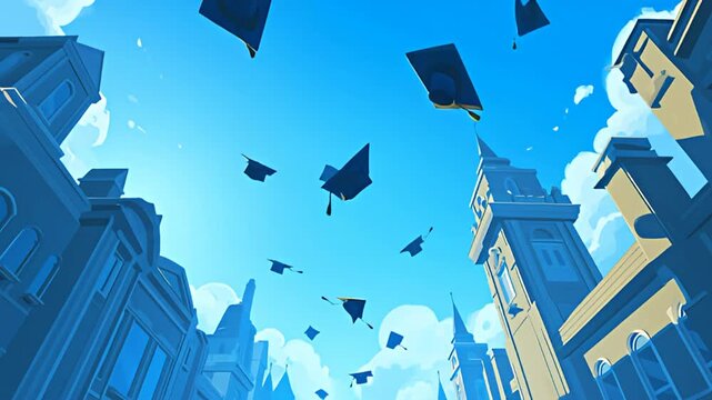 Graduation caps flying above university buildings on a clear blue sky day with white clouds illustration from a low angle viewpoint