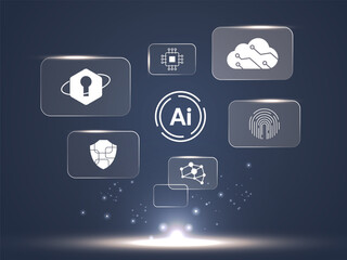 Futuristic AI technology with floating digital holographic data visualization dashboard showing advanced cyber security, cloud computing on glowing light effect vector illustration design concept.