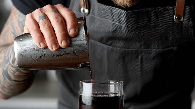 A talented bartender in a black apron expertly pours a rich, dark liquid into a glass, showcasing their mixology skills in a lively bar atmosphere