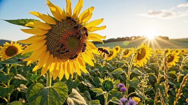 Bucolic sunflower field at sunset, with bees gathering pollen and pollinating the bright, vibrant blossoms under a clear blue sky