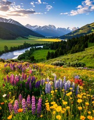 Vivid landscape wildflowers bloom before river, mountains, and sky