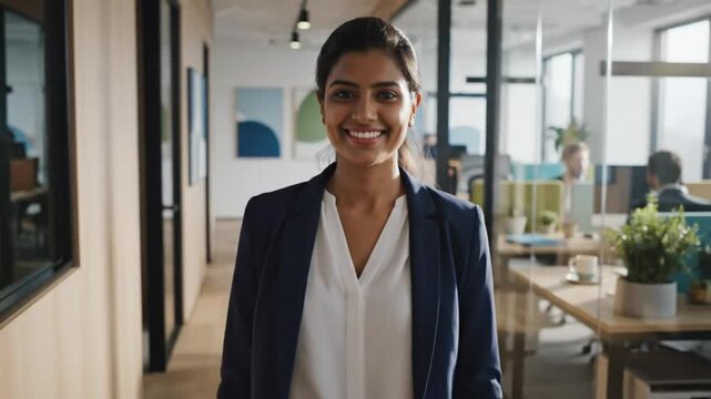 Confident Businesswoman Walking and Smiling Towards the Camera in a Modern Office Environment