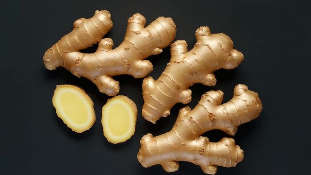 High-end cinematic close-up of fresh ginger roots with sliced detail on dark background, warm natural tones, rich texture, premium herbal food visual for advertising.