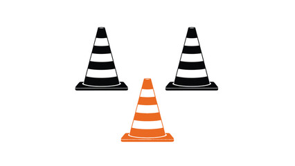 Three traffic cones are arranged in a triangular formation on a white background.