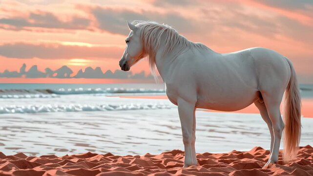 Witness the beauty of a stunning snow-white horse standing gracefully against a backdrop of vibrant colors. The horizon shimmers as serene clouds float above, creating a magical atmosphere