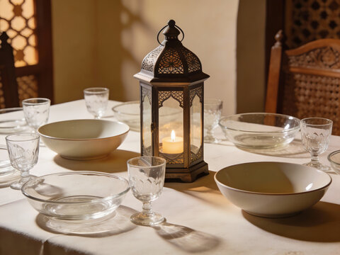 serene nocturnal feast setup: rich textures, warm chiaroscuro lighting, and cultural authenticity capturing the intimacy of breaking fast with family and community