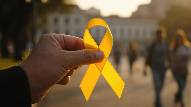 Hand holding yellow awareness ribbon symbolizing support, hope, and remembrance in a public space during daylight