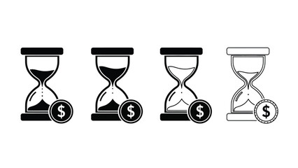 Four hourglasses with dollar coins symbolize the passage of time and financial value.