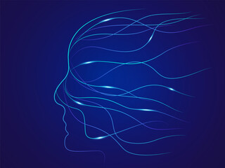Abstract artificial intelligence robot head side view with big data network curved lines futuristic technology connecting, glowing neural network vector illustration design for machine learning, robot