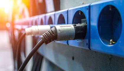 A close-up of a power cord plugged into a blue industrial outlet