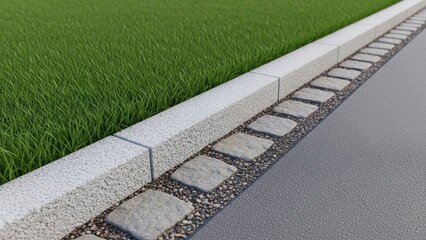 Fototapeta premium Close view of a textured lawn edge border with cobblestone and asphalt