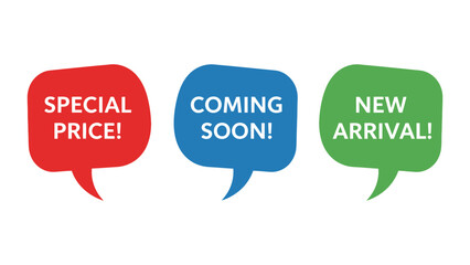 Speech bubbles announce special price, coming soon, and new arrival.