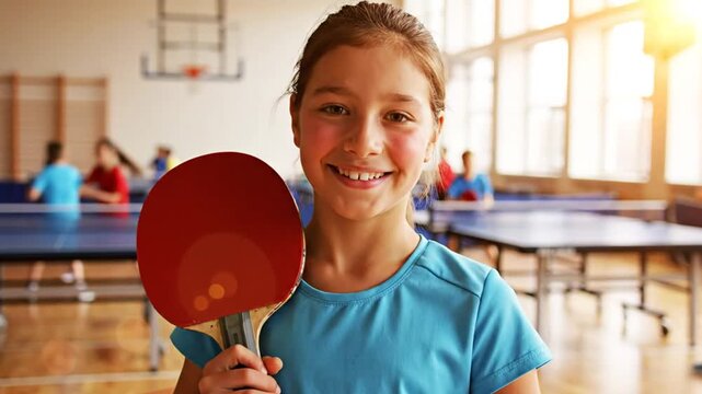 Cheerful young girl with a ping pong paddle smiles in a sports hall during a game, showing excitement and challenge