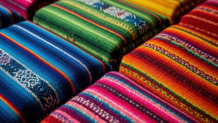Close-up of stacked, colorful woven Andean textiles with geometric patterns in vibrant hues.