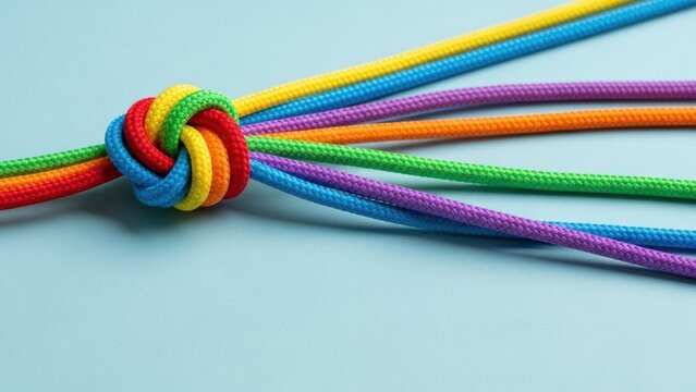 Multiple colorful ropes are knotted together in the center, symbolizing unity and teamwork against a blue background.