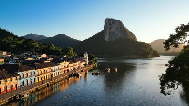Scenic aerial view of Paraty waterfront with historic colorful buildings and majestic mountain in Brazil at sunrise