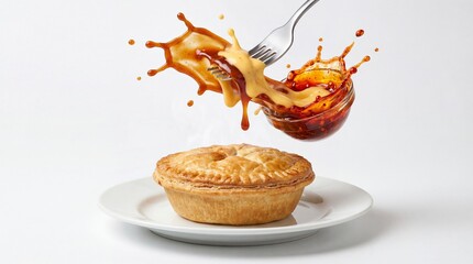 Savory meat pie with gravy splash fork action and golden crust.