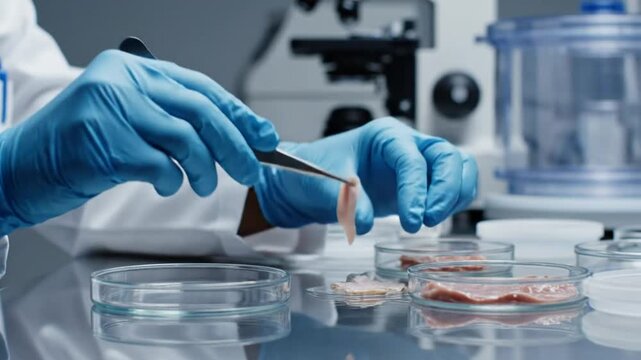 Scientist in a lab placing a sample of meat into a petri dish for research and analysis under a microscope