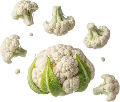 A large fresh white cauliflower head surrounded by several floating florets and partial pieces of the vegetable cruciferous brassica organic healthy cooking ingredient transparent background