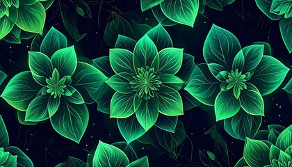 Green-toned, glowing floral pattern with intricate petal details against a dark background