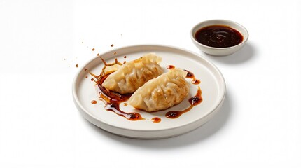 Delicious Gyoza Dumplings with Dipping Sauce on White Plate.