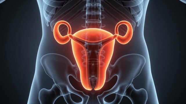 High-resolution 3D medical illustration showing the female reproductive system with uterus, fallopian tubes, and ovaries highlighted inside a semi-transparent human body. Suitable for gynecology