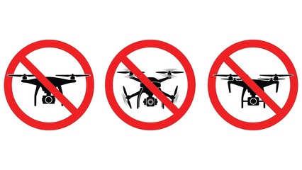 Three prohibition signs with silhouettes of drones on a white background.