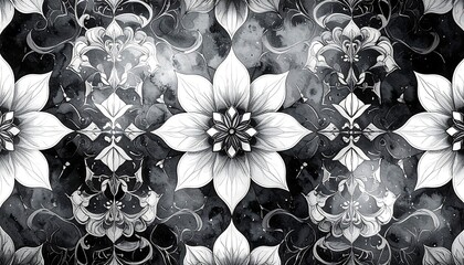 Intricate grayscale floral and ornamental pattern with a kaleidoscope effect and abstract watercolor-like textures