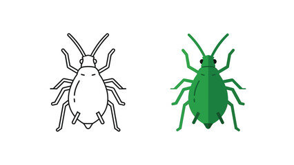 Vector illustration set featuring a line art icon and a flat design graphic of a small agricultural aphid pest isolated