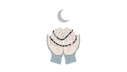 Obraz premium Illustration of cupped hands holding prayer beads under a crescent moon on a white background with a simple, symbolic composition.