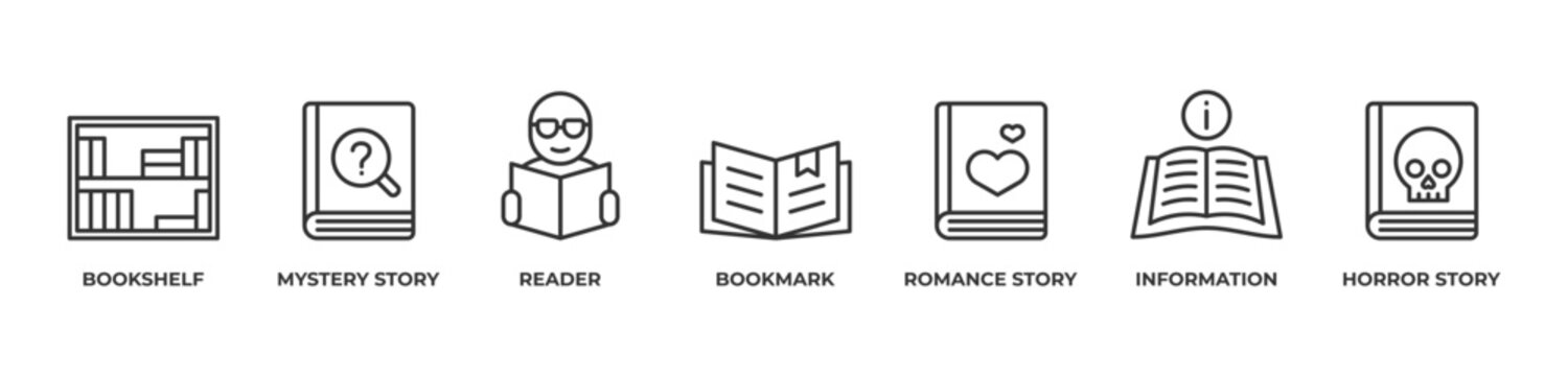 Bookshelf of Stories Icons set vector illustration outline with Bookshelf, Mystery story, Reader, Bookmark, Romance story, Information, Horror story