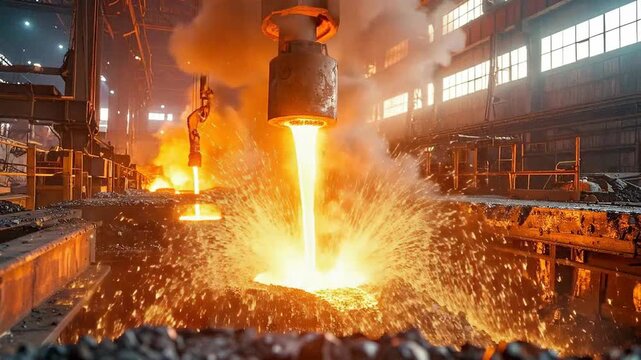 Molten l pouring from a furnace in a heavy industrial factory setting.