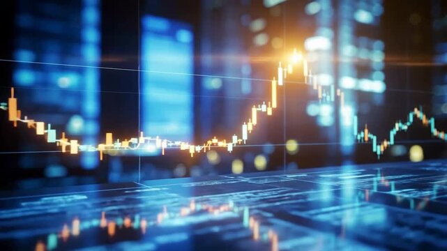 Financial chart analysis with candlestick pattern reflecting on a digital surface, city background.