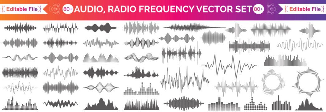 Sound waves collection. Analog and digital audio signal. Music equalizer. Interference voice recording. High frequency radio wave. Vector illustration.
