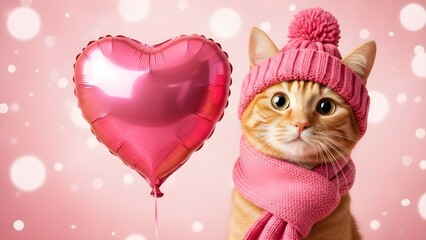 Adorable cat celebrates valentine's day with pink heart balloon