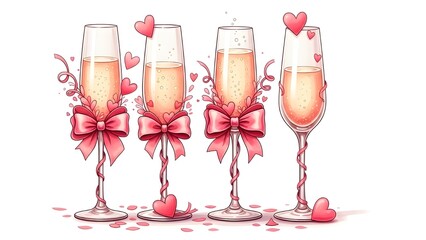 Valentine's day celebration with champagne glasses and red bows
