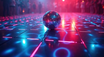 Disco ball on a dance floor with people in the background