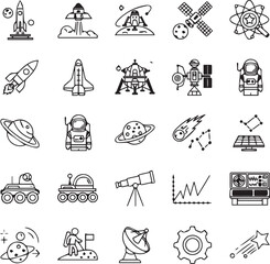 SPACE EXPLORATION AND ASTRONOMY LINE ICON SET FOR COSMOS RESEARCH © Tanbir