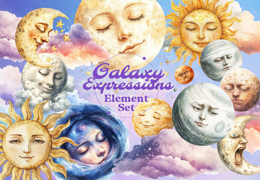 Celestial Faces In Dreamy Sky Element Design Set