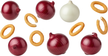 Assortment of whole red onions a single white onion and several golden brown fried onion rings floating together vegetable allium cooking ingredient fresh raw snack fried food transparent background