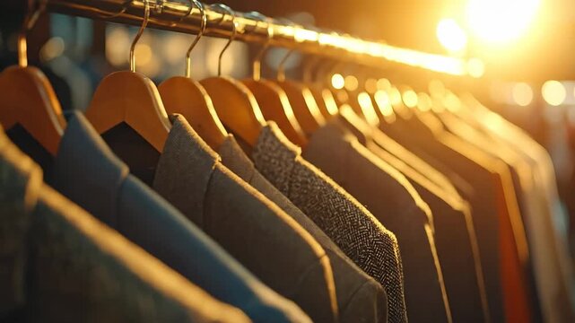 Elegant suits hanging on a rack, illuminated by warm, golden light in a store.